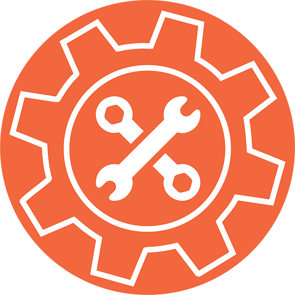 An orange gear with two wrenches inside of it.