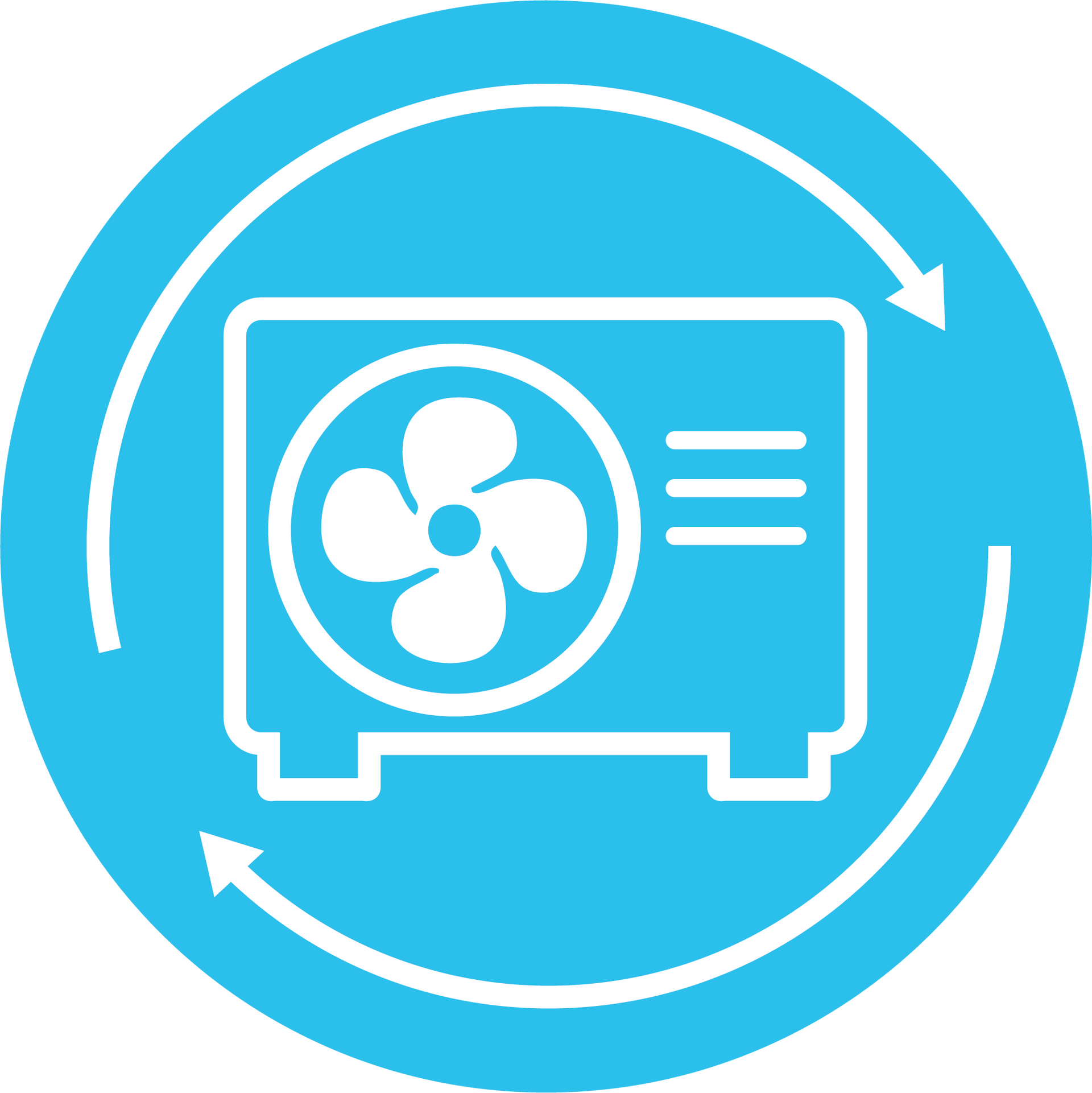 An icon of a fan in a blue circle with arrows around it.
