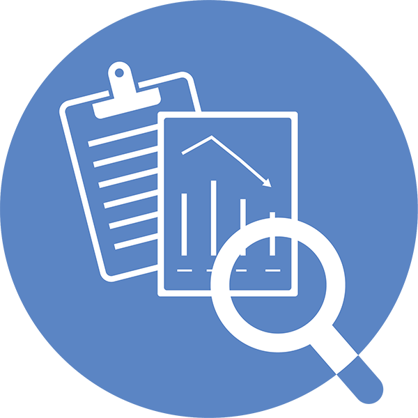 A magnifying glass is surrounded by a clipboard and a graph.