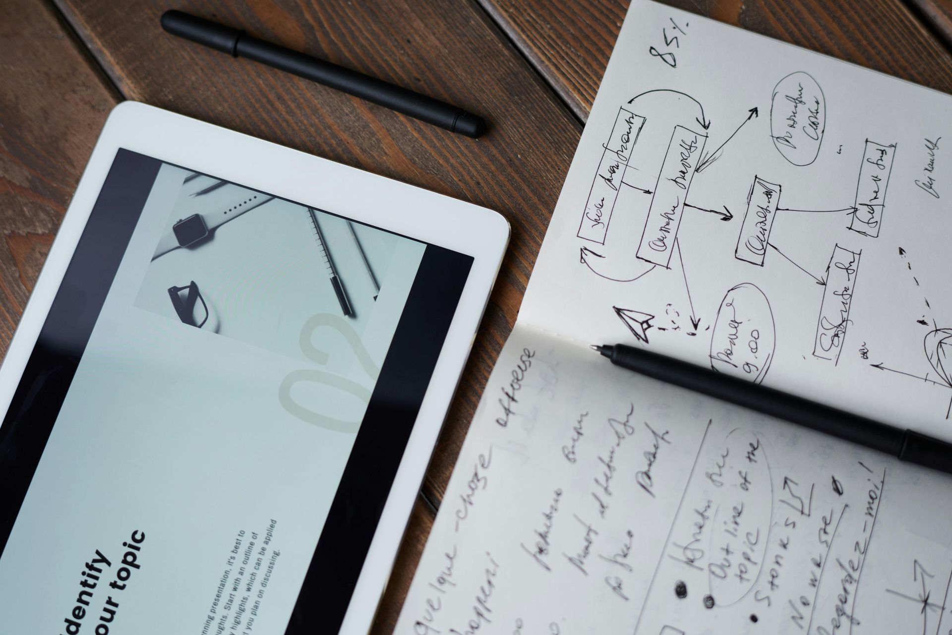 A tablet and a notebook are on a wooden table.