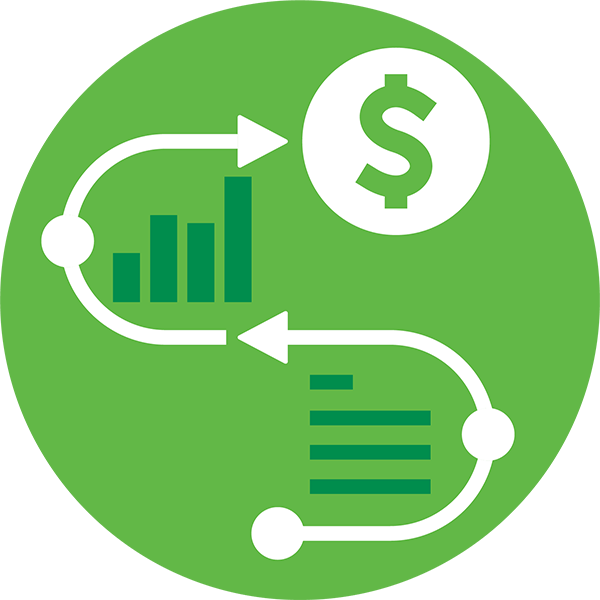 A green circle with a dollar sign and a graph in it.