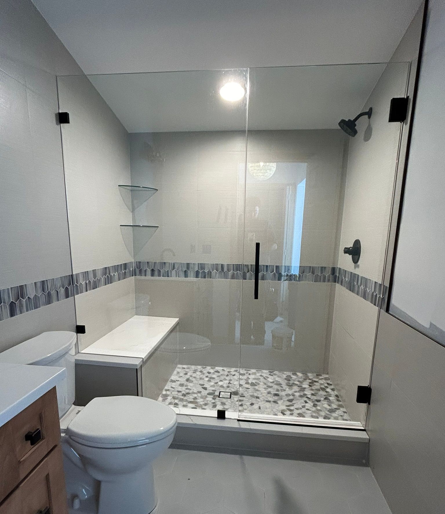 A bathroom with a toilet a sink and a walk in shower