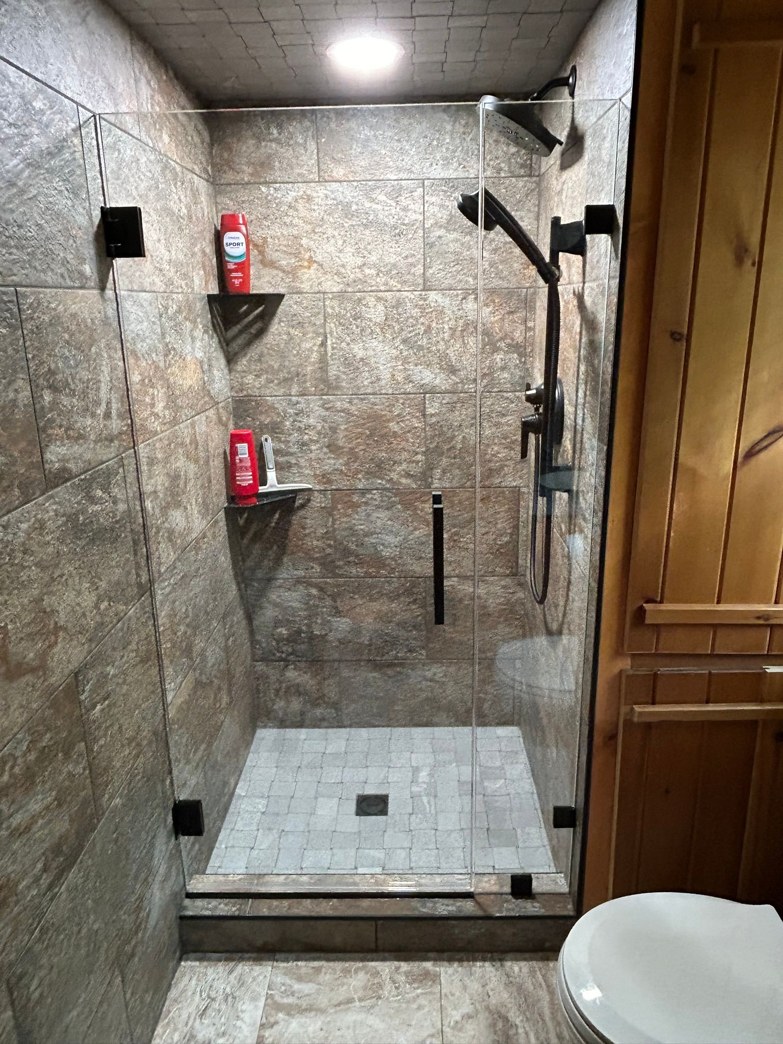 A bathroom with a walk in shower and a toilet.