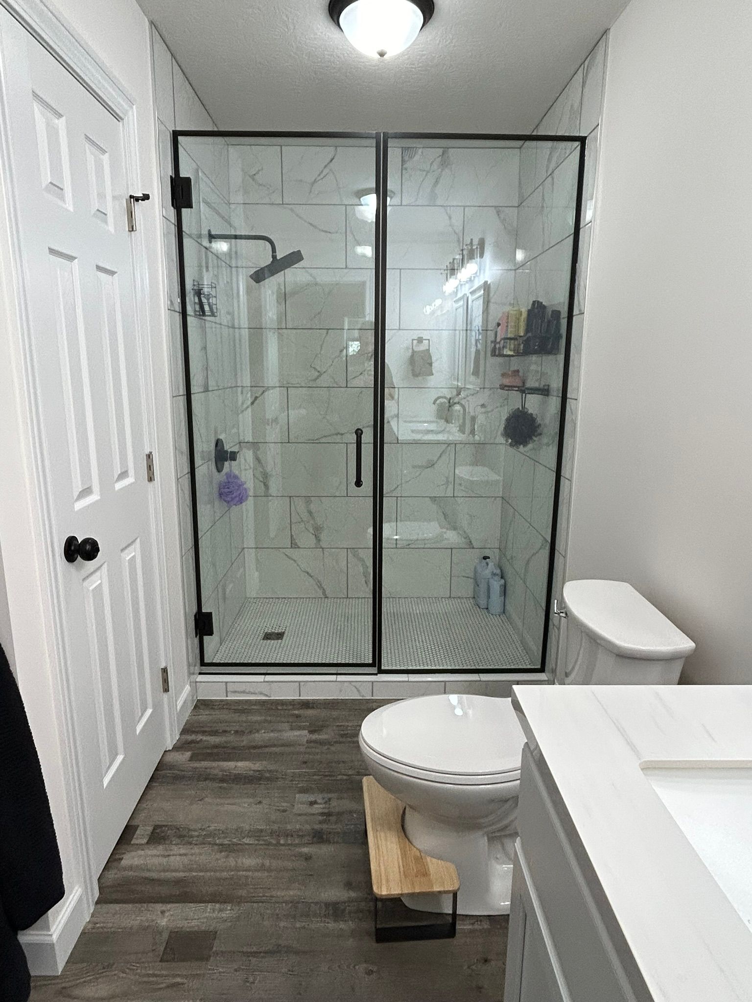 A bathroom with a toilet , sink and shower with a glass door.