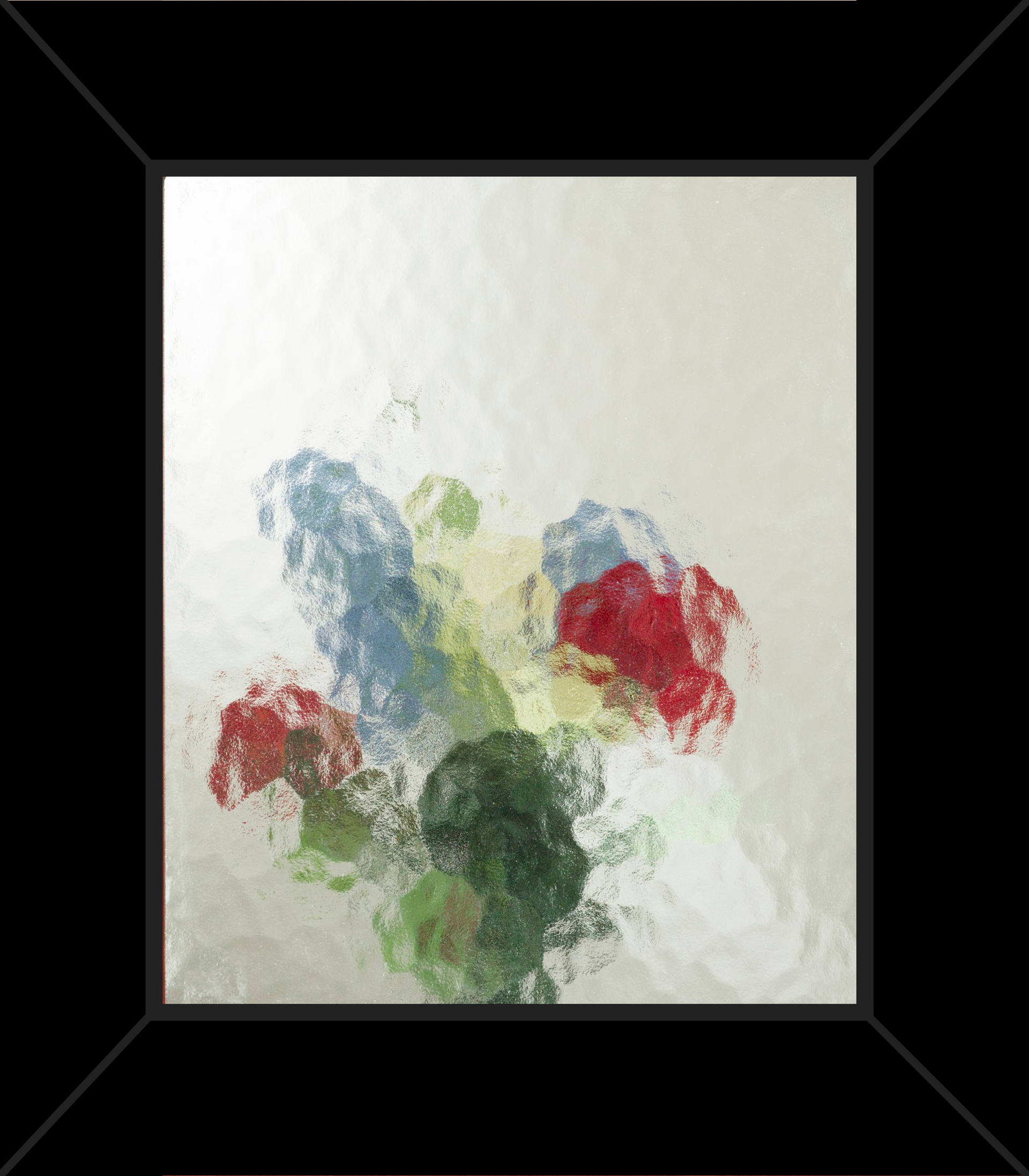 A painting of flowers in a vase in a black frame.