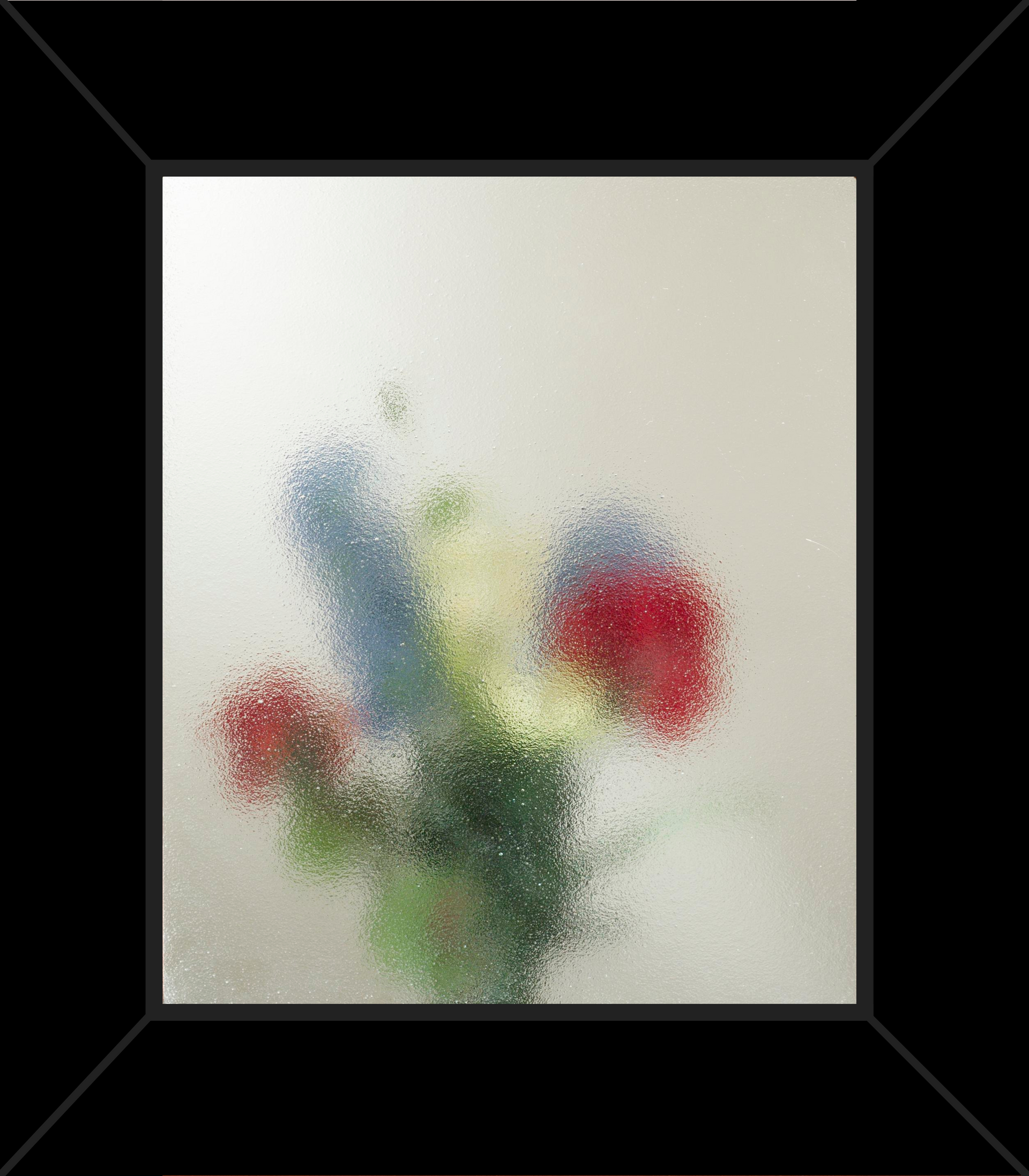 A painting of flowers in a vase in a black frame