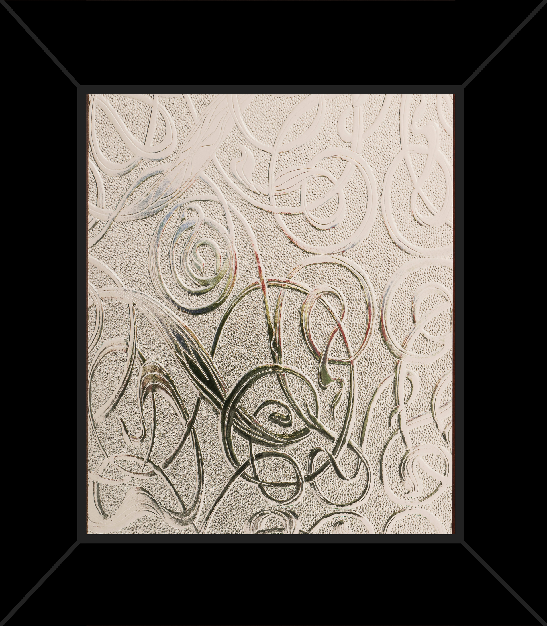 A black and white painting in a black frame.