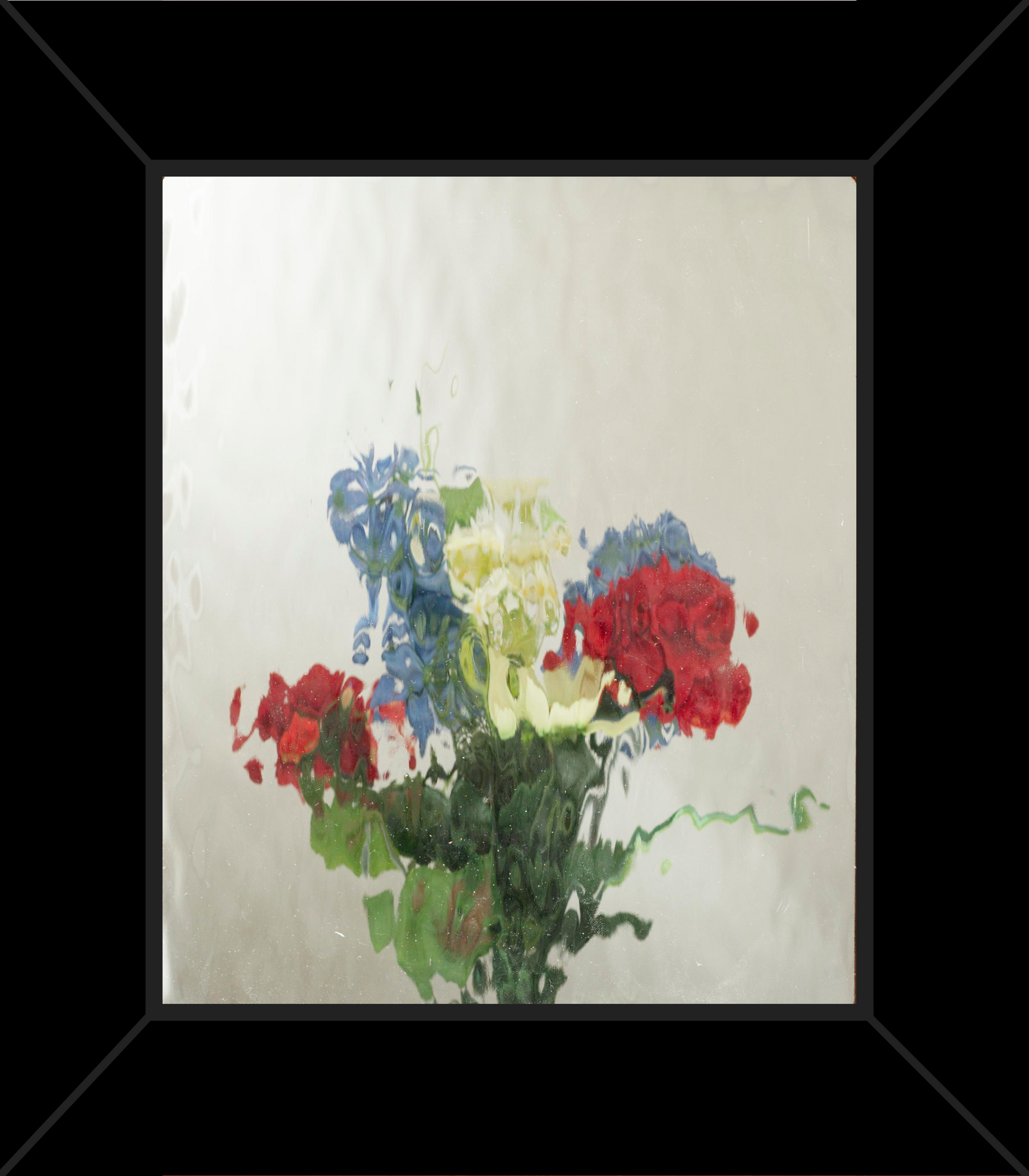 A painting of flowers in a vase with a black frame