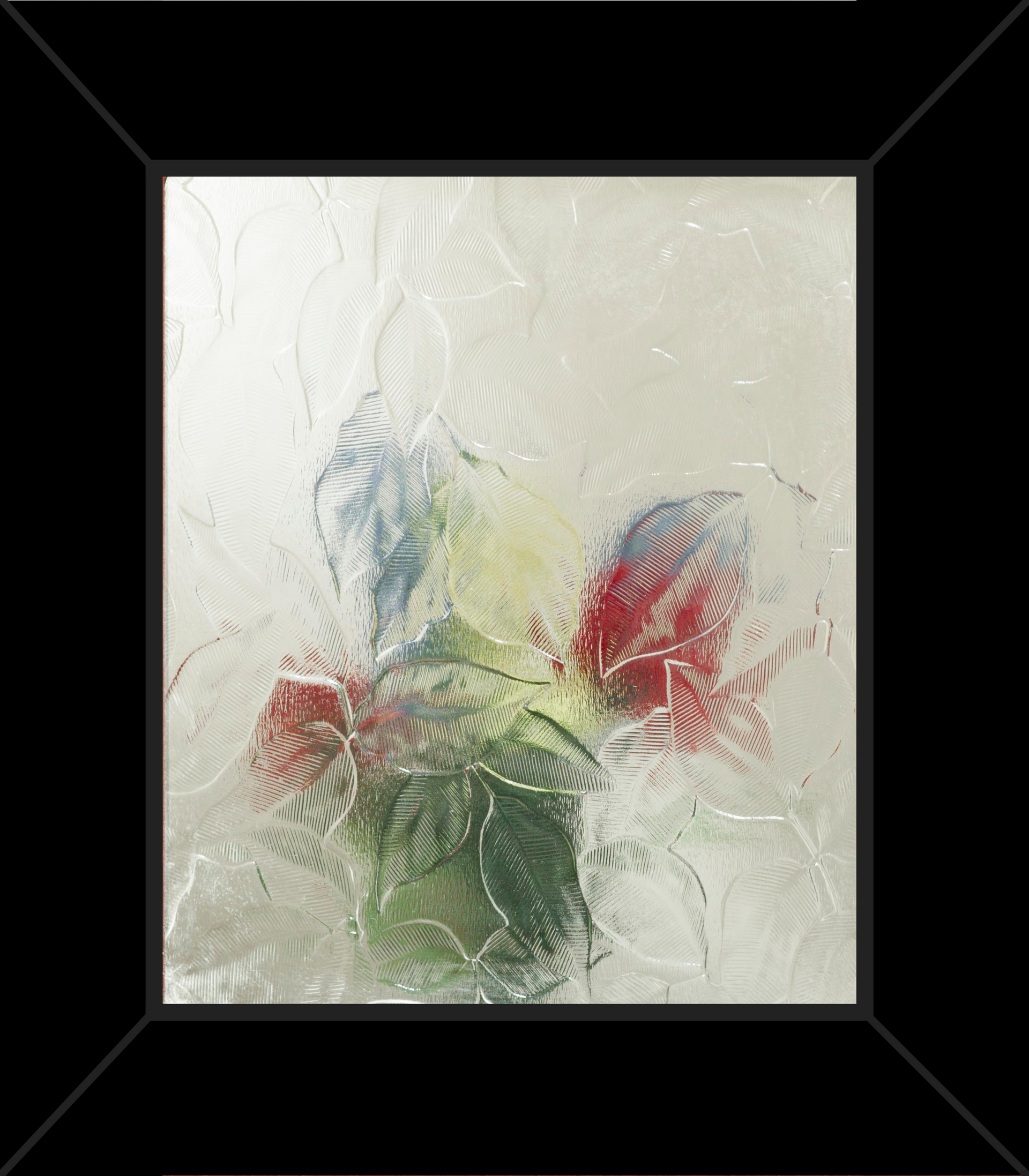 A painting of flowers in a vase in a black frame.