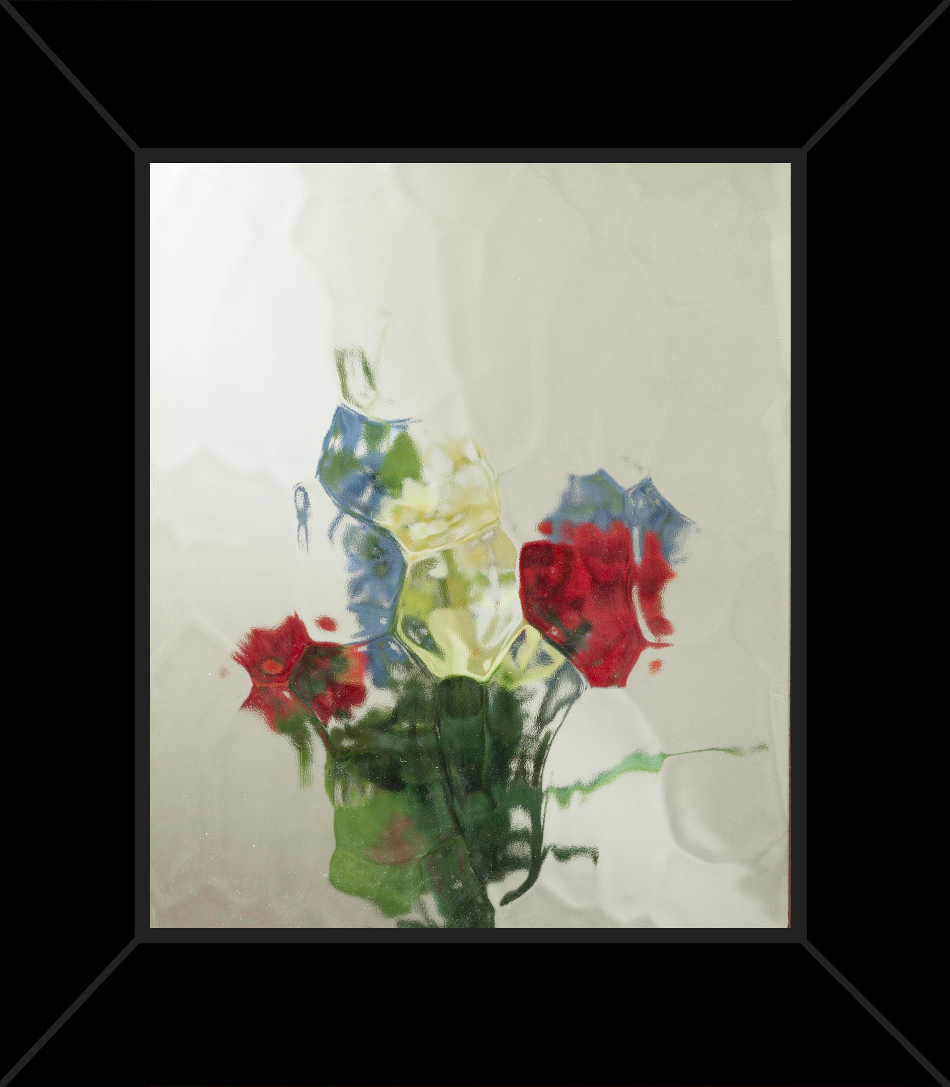 A painting of flowers in a vase in a black frame