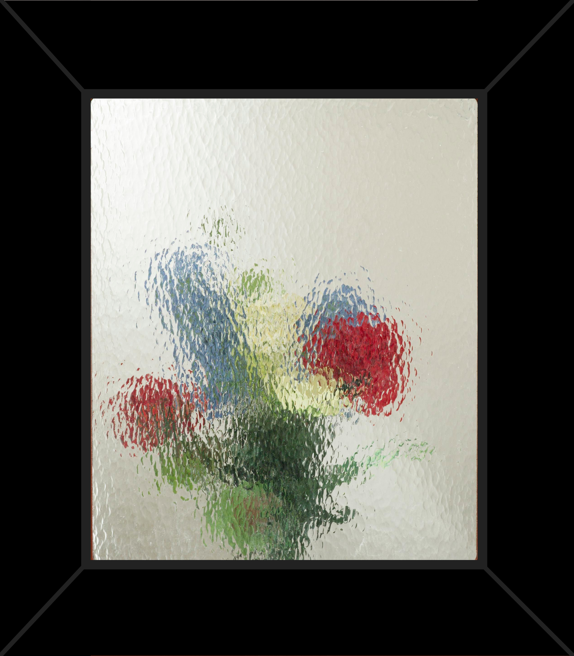 A painting of flowers in a vase in a black frame