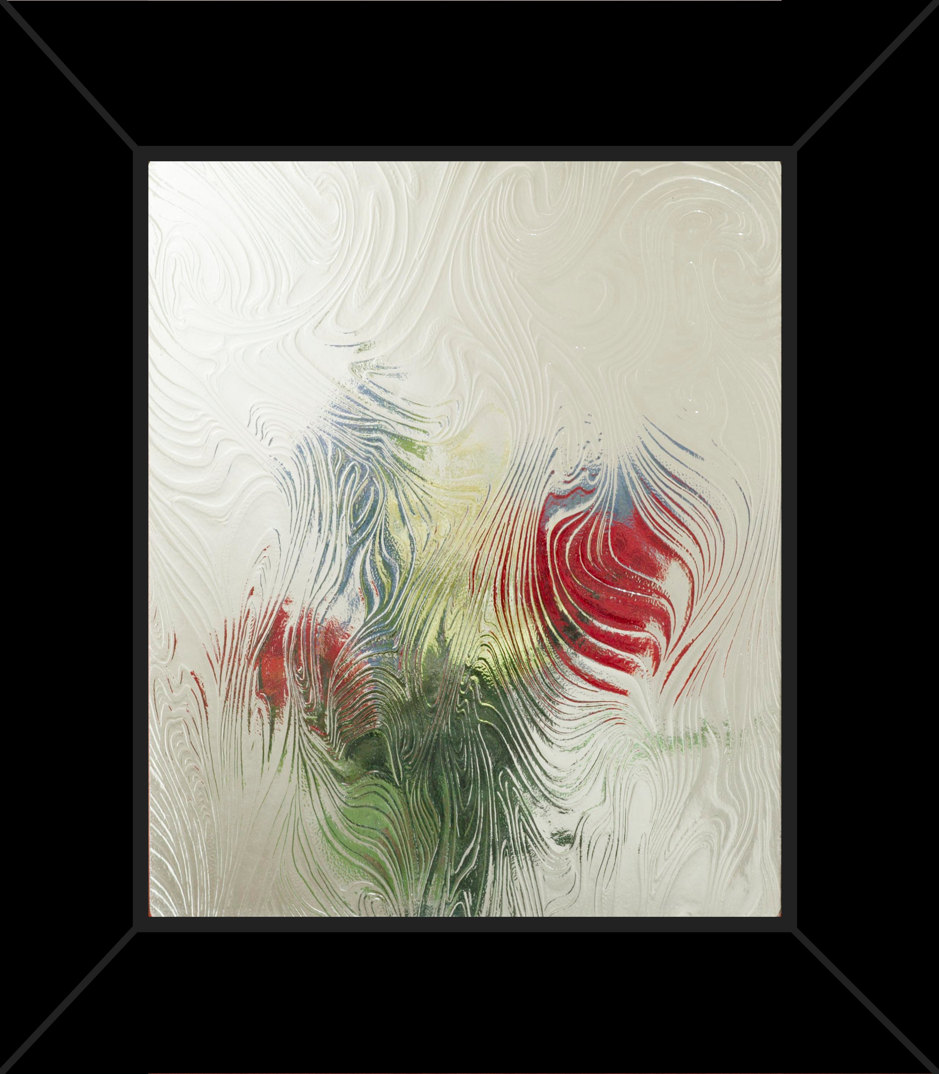 A picture of flowers in a glass window with a black frame.