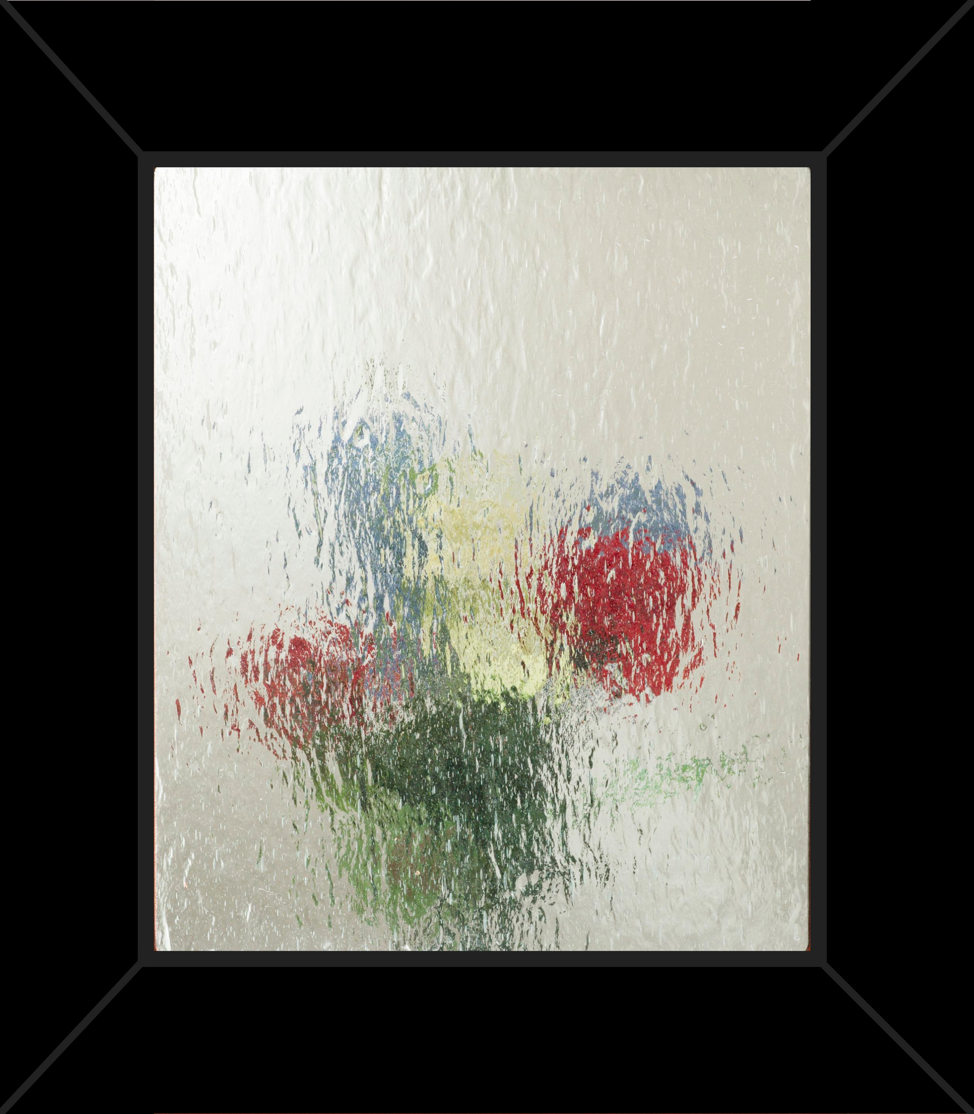 A picture of flowers in a vase on a glass window.