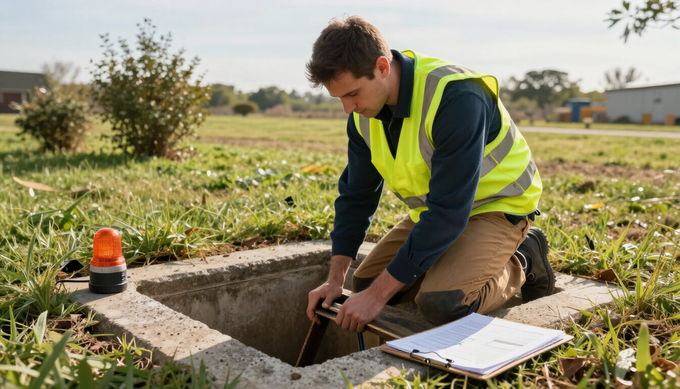 Technician inspecting an open septic tank during septic pumping and repair service in St. Cloud, MI for system compliance.