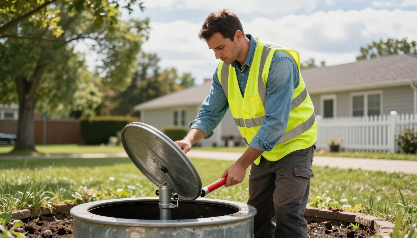 Worker lifting a septic tank lid during septic pumping and repair service in St. Cloud, MI to inspect the system condition.
