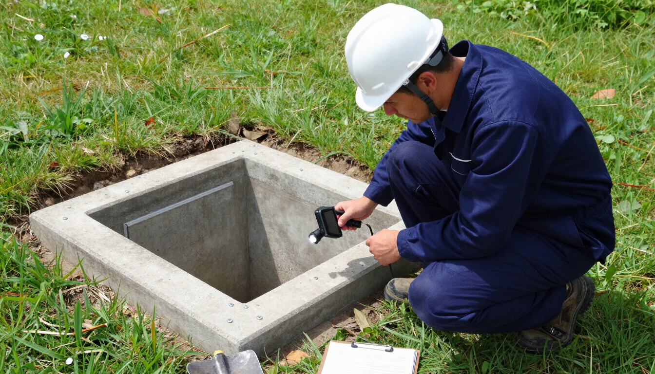 Technician examining septic access with a tool during septic pumping and repair service in St. Cloud, MI for compliance.