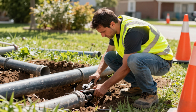 Technician repairing exposed septic piping during septic pumping and repair service in St. Cloud, MI at a residential site.