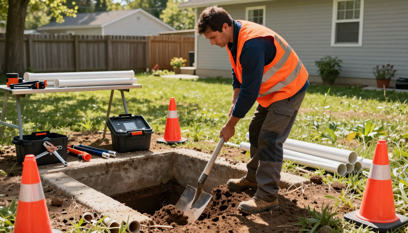 Worker excavating around a septic system during septic pumping and repair service in St. Cloud, MI for needed repairs.
