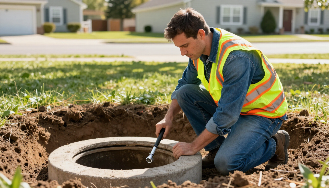 Technician repairing an exposed septic line during septic pumping and repair service in St. Cloud, MI beside an open pit.