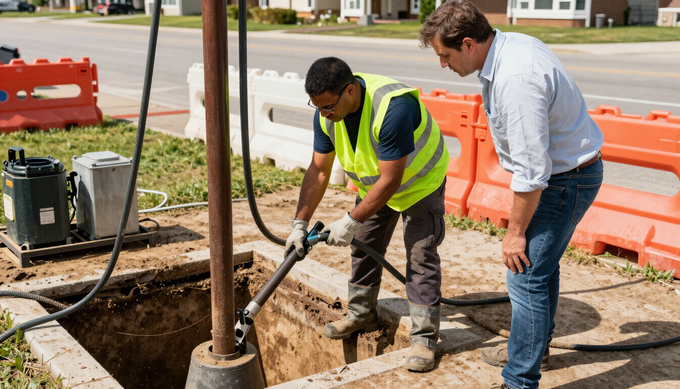 Crew accessing an underground septic tank for septic pumping and repair service in St. Cloud, MI at a residential property.