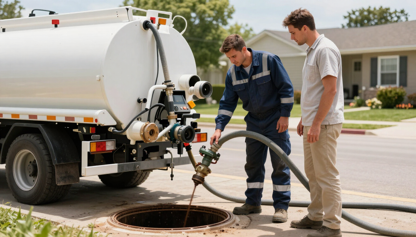 Technician and homeowner beside a pump truck for septic pumping and repair service in St. Cloud, MI at a residence.