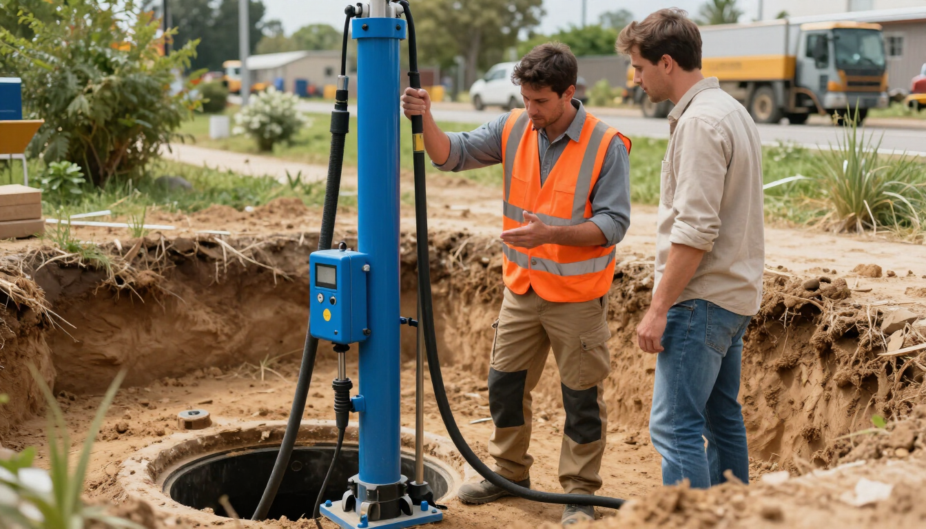 Technician inspecting pumping equipment during septic pumping and repair service in St. Cloud, MI beside an open tank.