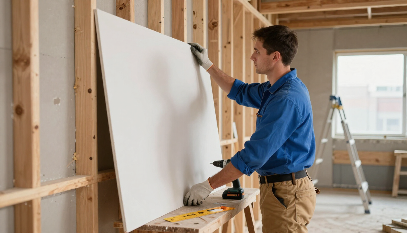 Man installing a white drywall panel in an unfinished room with wooden framing