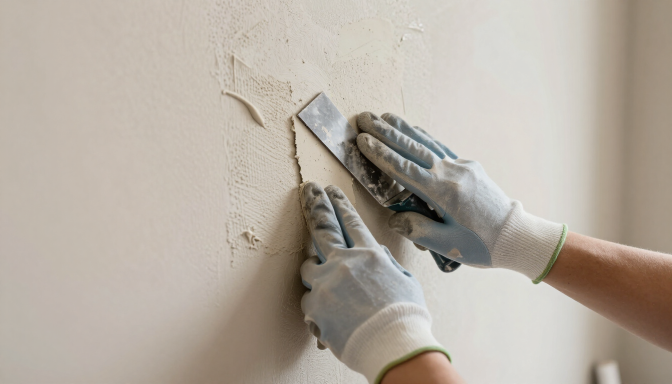 Gloved hands using a putty knife to scrape or smooth wall plaster on a beige wall