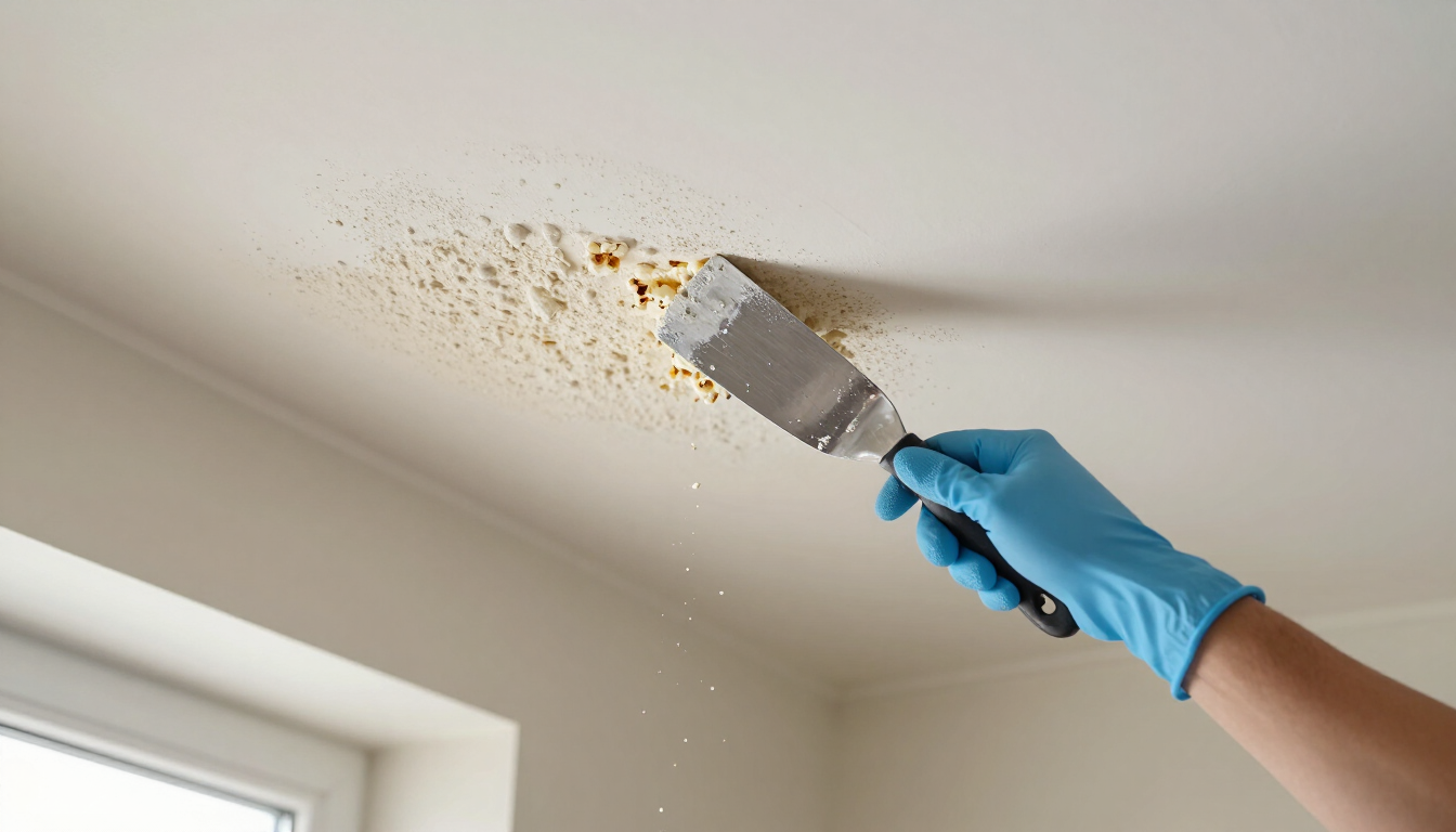 Blue-gloved hand scraping a stained ceiling with a putty knife near a window