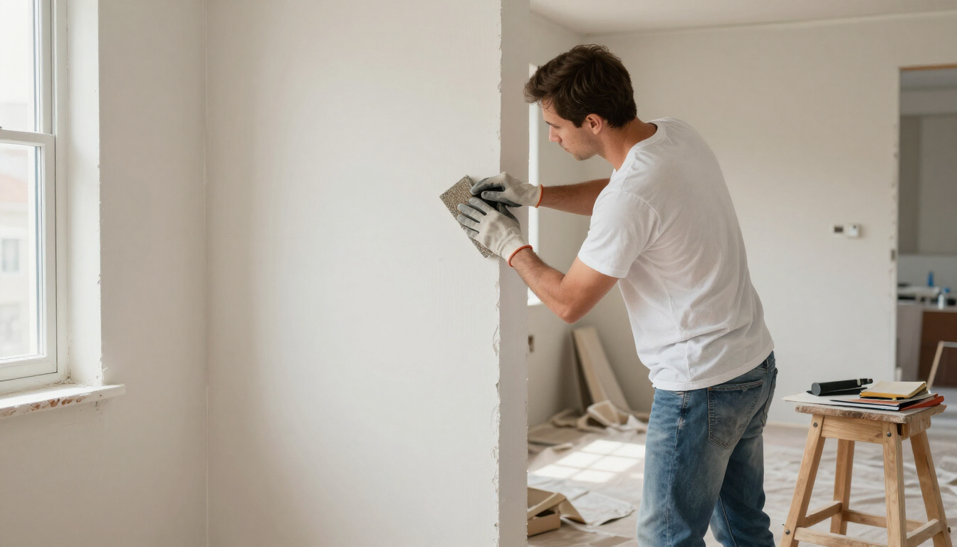 Person painting a white wall in a bright room, holding a paint tray during home renovation.