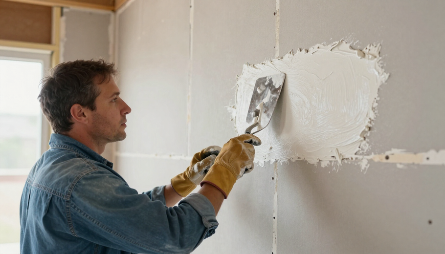 Worker smoothing concrete wall with a trowel in a construction site