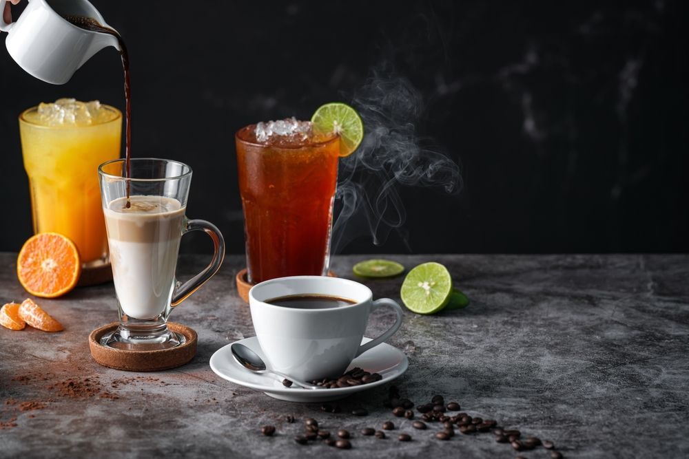 A variety of drinks are being poured into cups on a table.