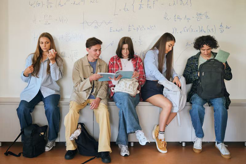 Kids sitting at a bench reading