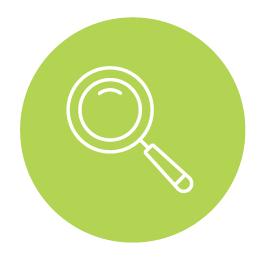 Magnifying glass icon, white outline on green circle, for search or explore.