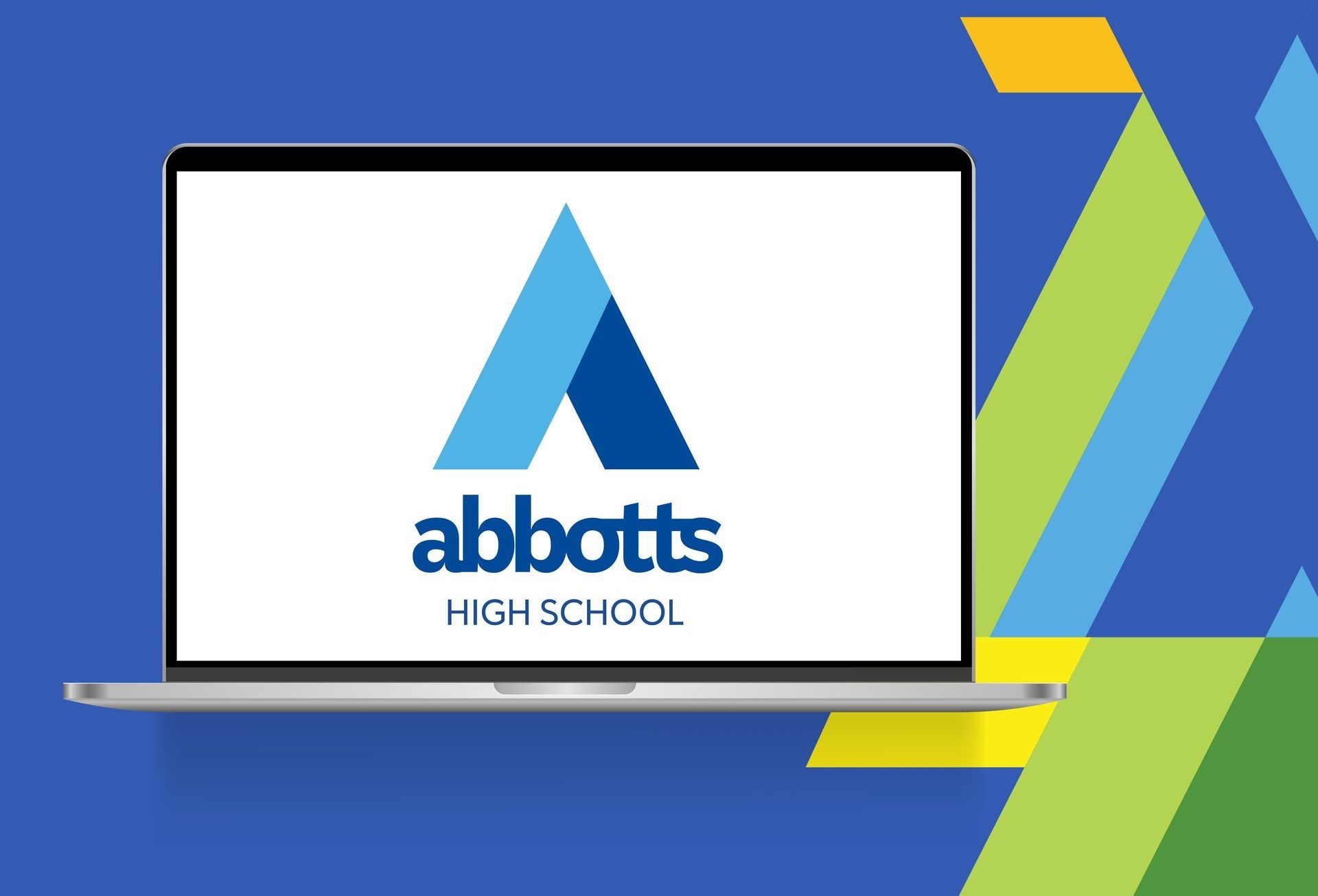Laptop showing Abbotts High School logo on a blue and yellow background.