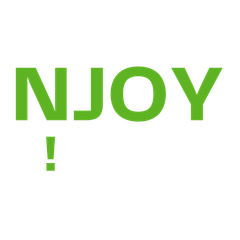 Groene tekst met de woorden "NJOY!" en een uitroepsteken.