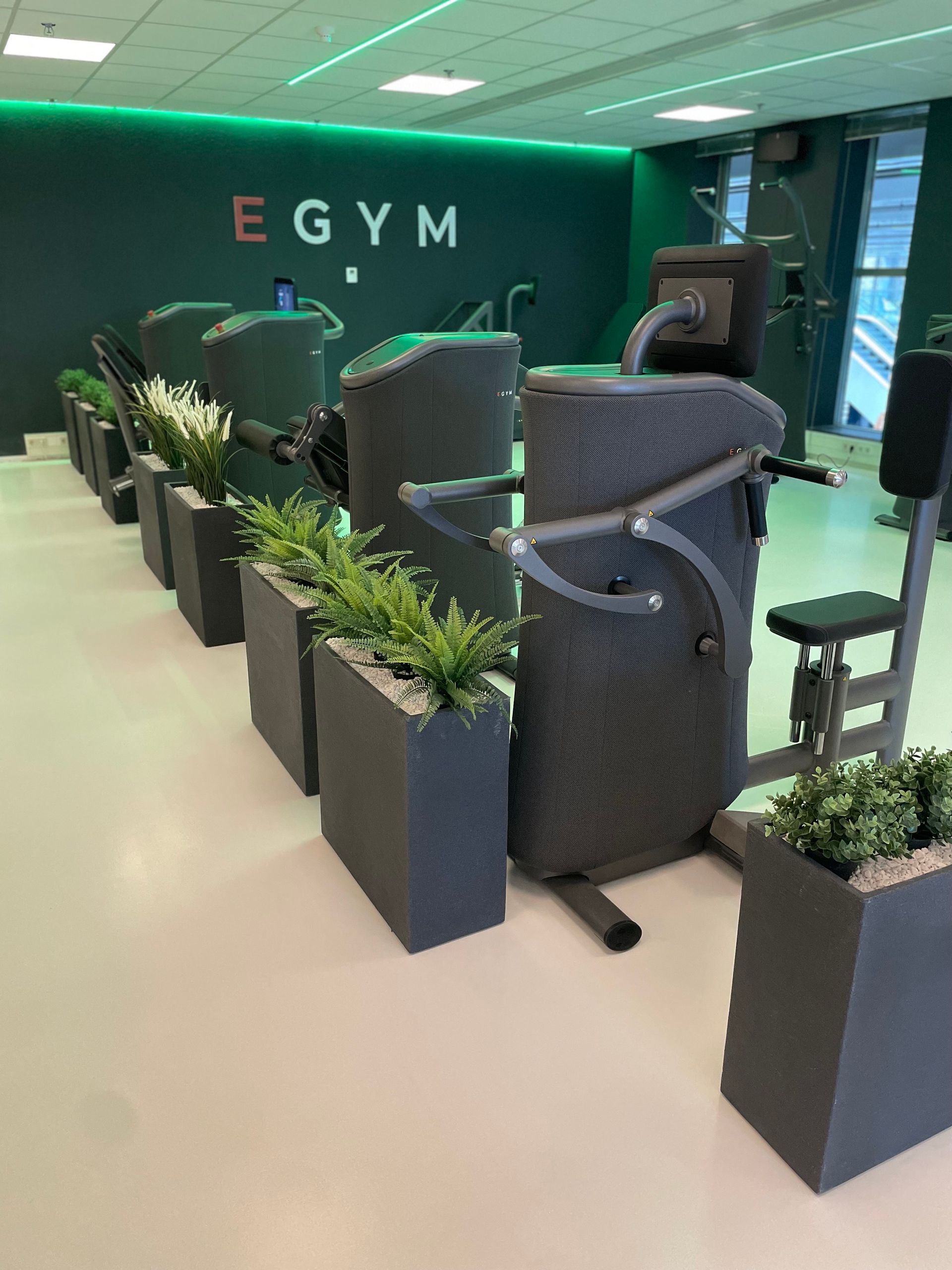 Een sportschool vol met fitnessapparatuur en bloemen.