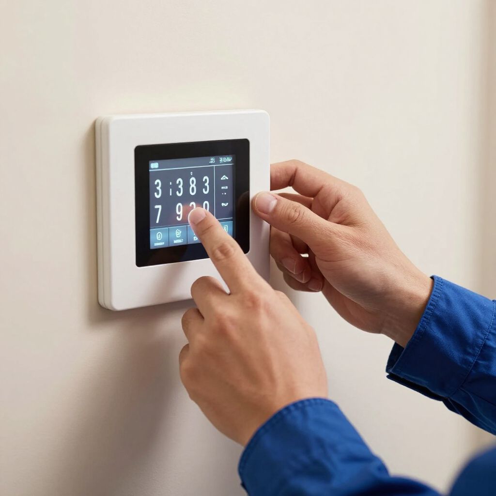 Handen die een aan de muur gemonteerde touchscreen-thermostaat met digitale temperatuurweergave bedienen.