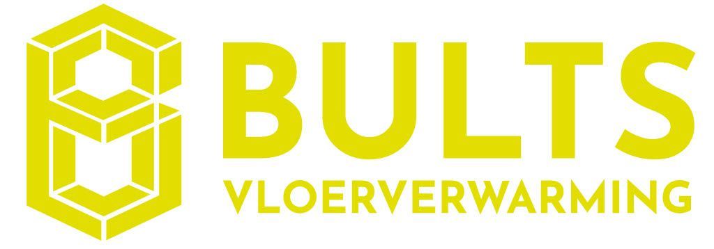Bults Vloerverwarming logo in geel met gestileerd vloerverwarmingsicoon op een witte achtergrond