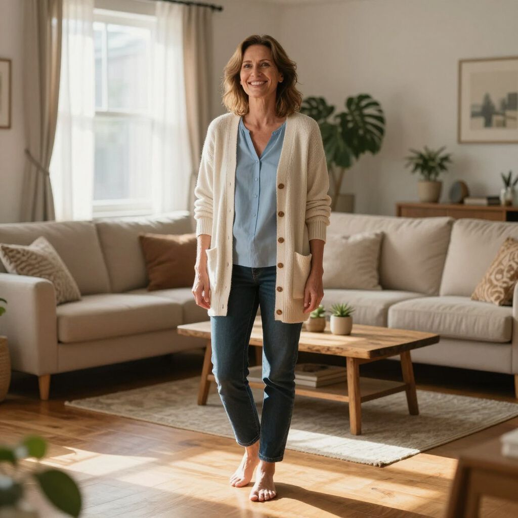 Vrouw staat in een lichte woonkamer naast een beige bank en een houten salontafel.