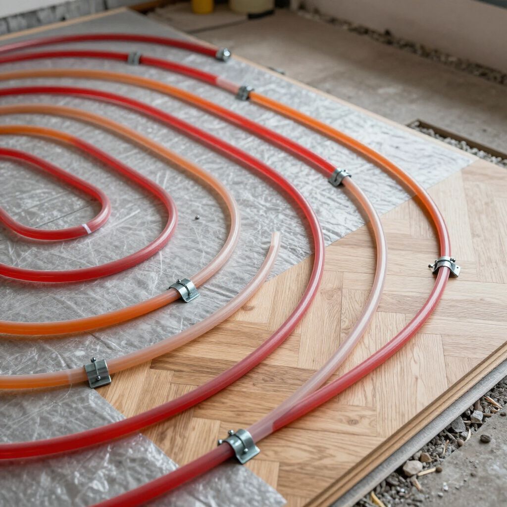 Rode en transparante buizen opgerold op een multiplex vloer tijdens de installatie, vastgezet met metalen klemmen.