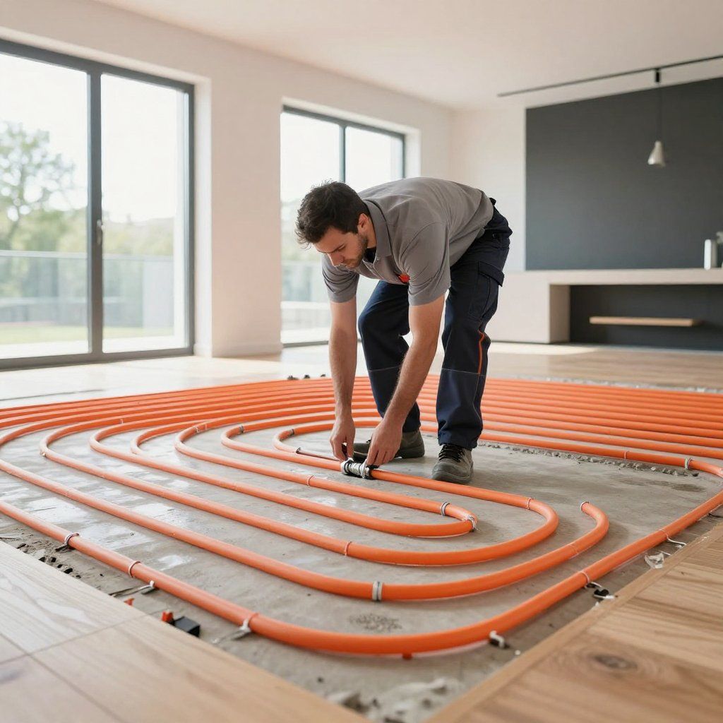 Een medewerker installeert oranje vloerverwarmingsbuizen in een lichte, moderne ruimte.