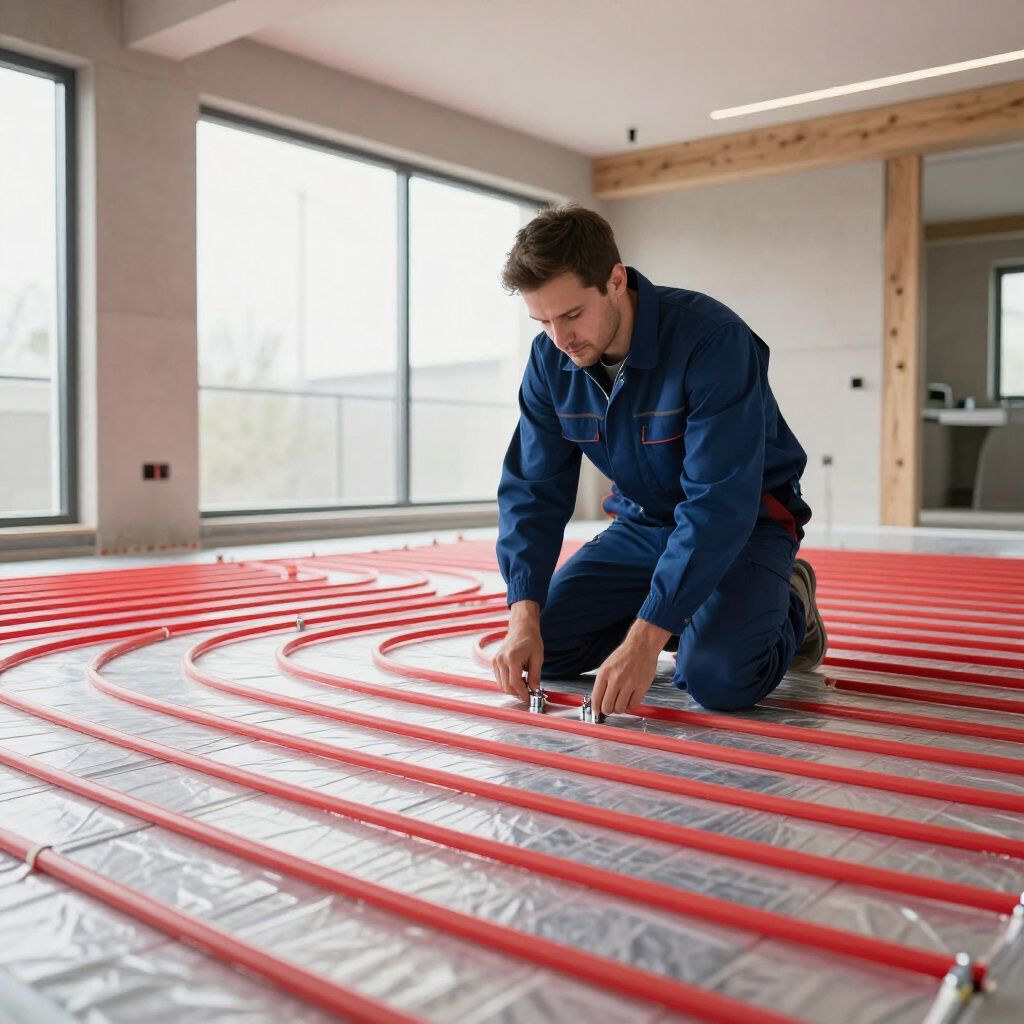 Technicus installeert rode vloerverwarmingsbuizen in een lichte kamer met grote ramen.