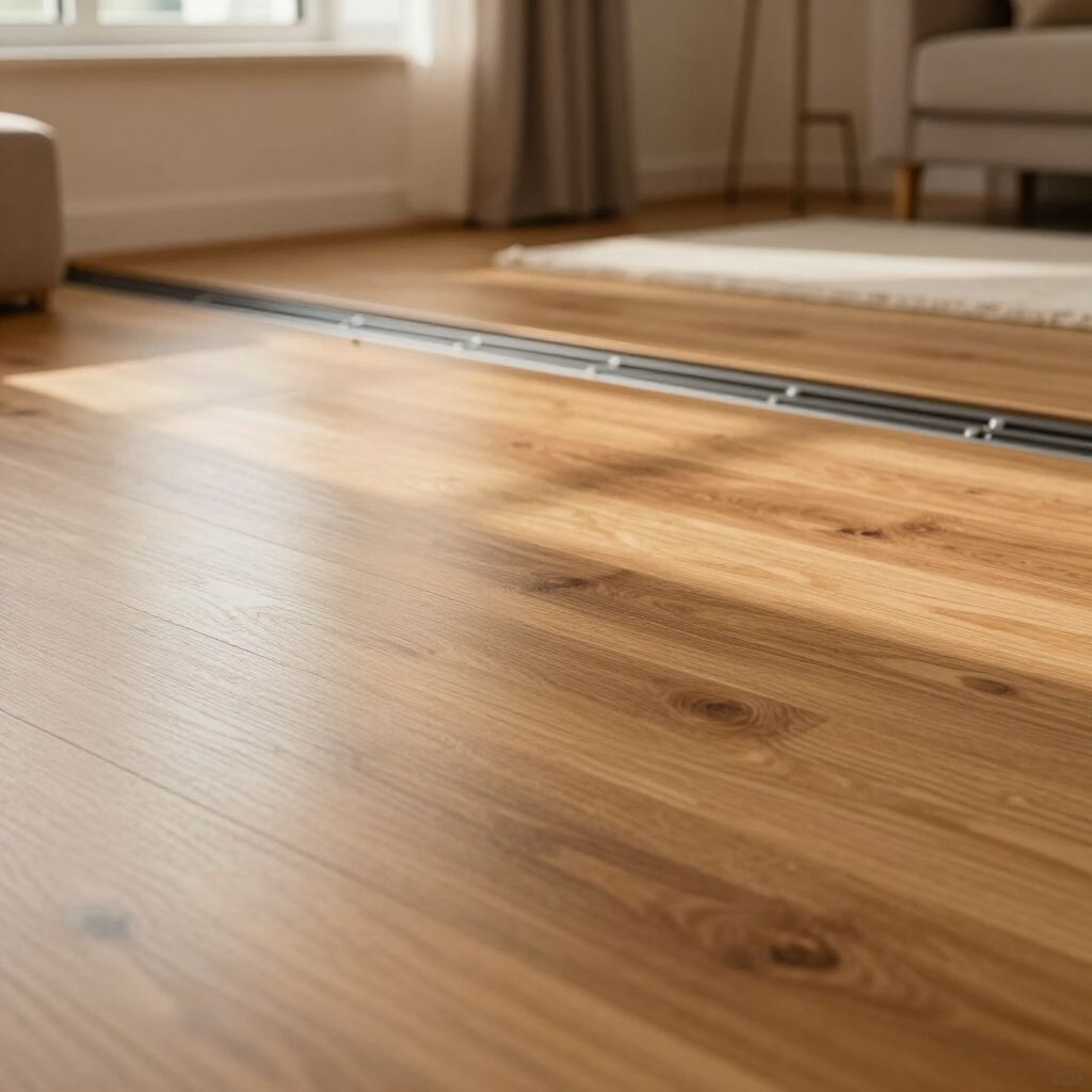 Een zonnige houten vloer met een metalen vloerrail in een woonkamer.