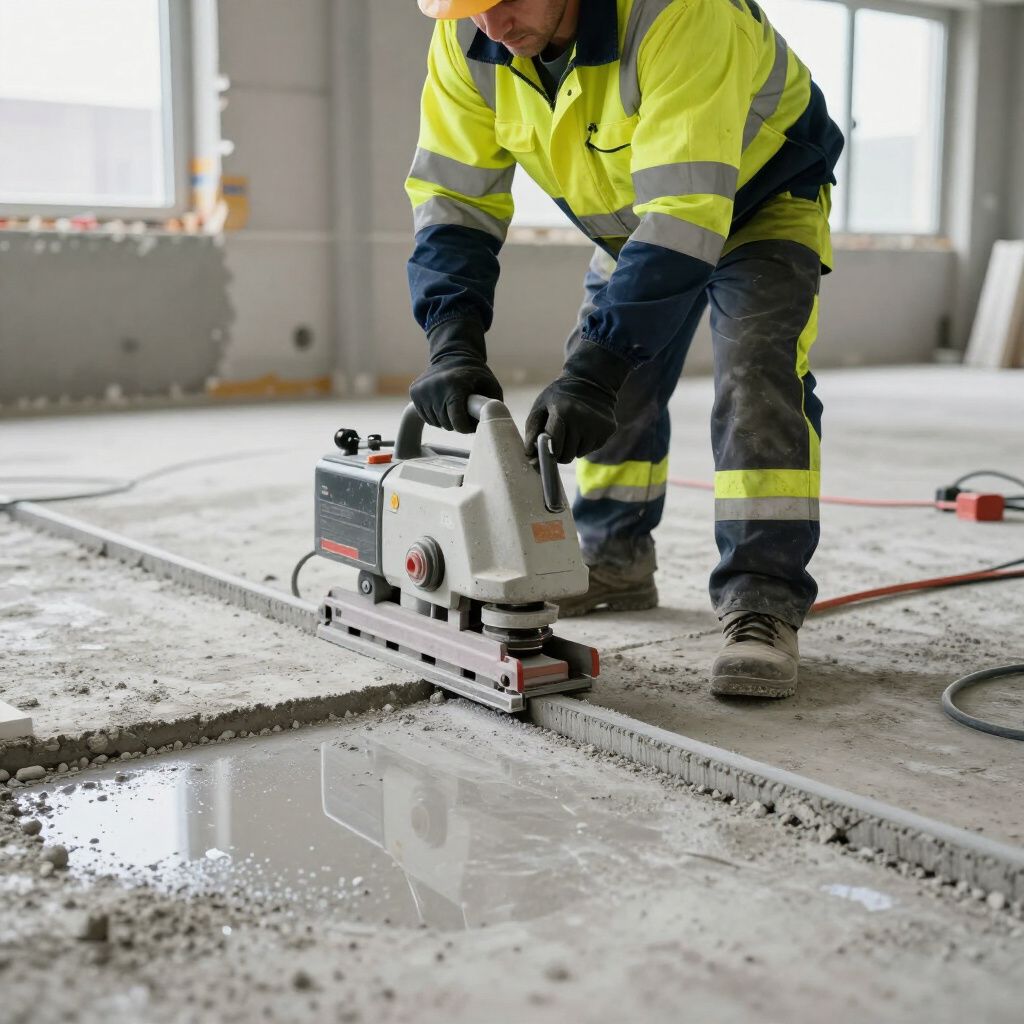 Een arbeider gebruikt een betonzaag om een ​​natte vloerplaat binnenshuis door te zagen.