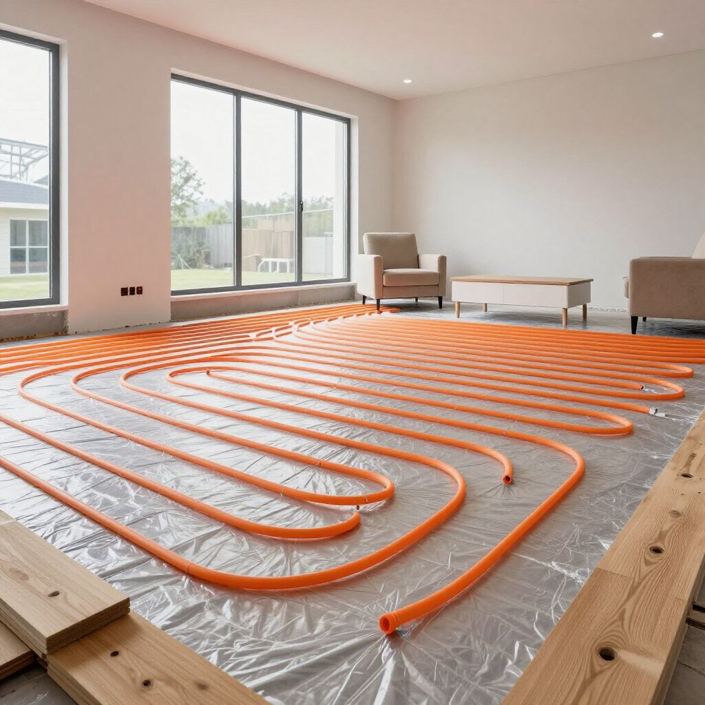 Oranje vloerverwarmingsbuizen, gelegd over isolatiemateriaal, in een lichte, onafgewerkte kamer met grote ramen.