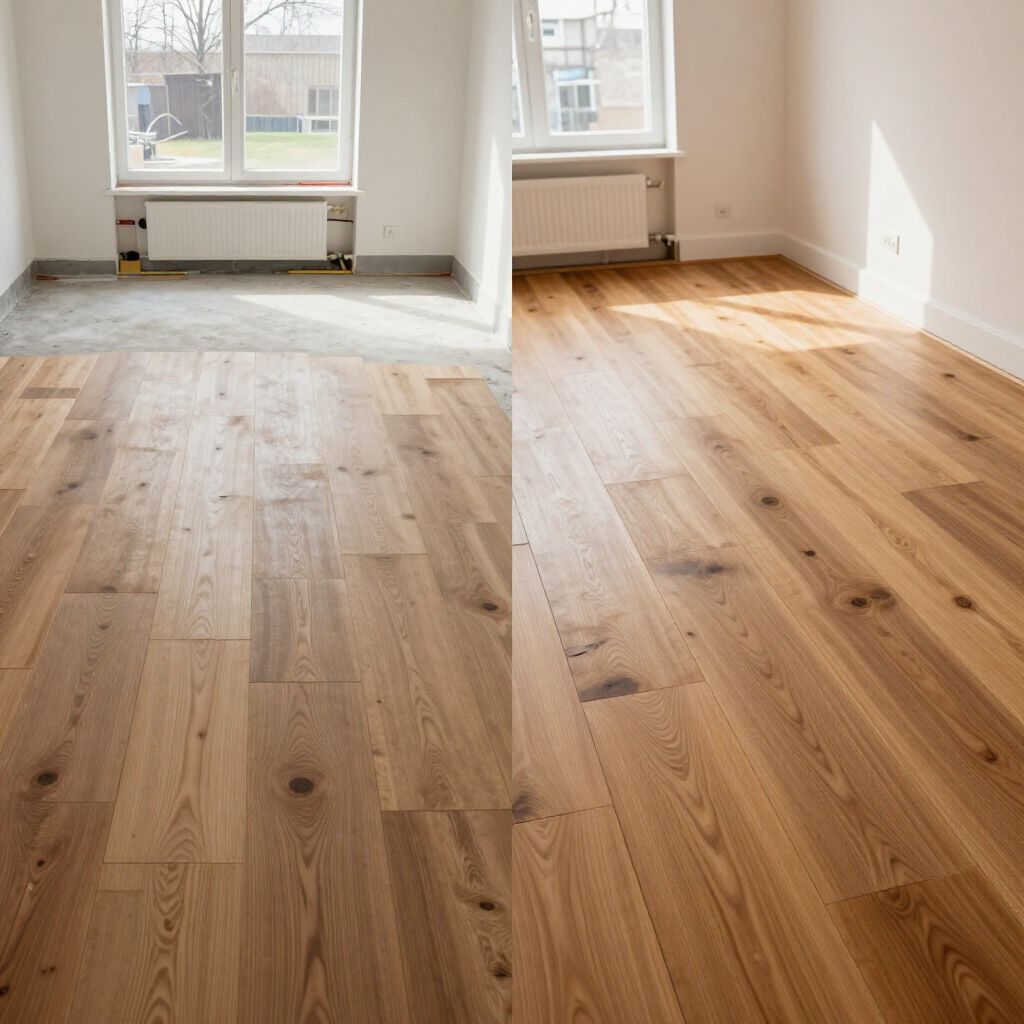 Een lege, zonnige kamer met lichte houten vloeren, witte muren en twee ramen met radiatoren eronder.