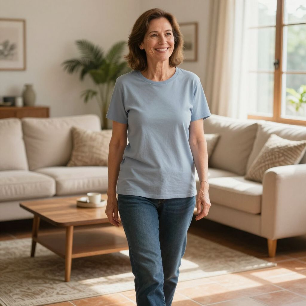 Vrouw staat in een lichte woonkamer naast een beige bank en een houten salontafel.