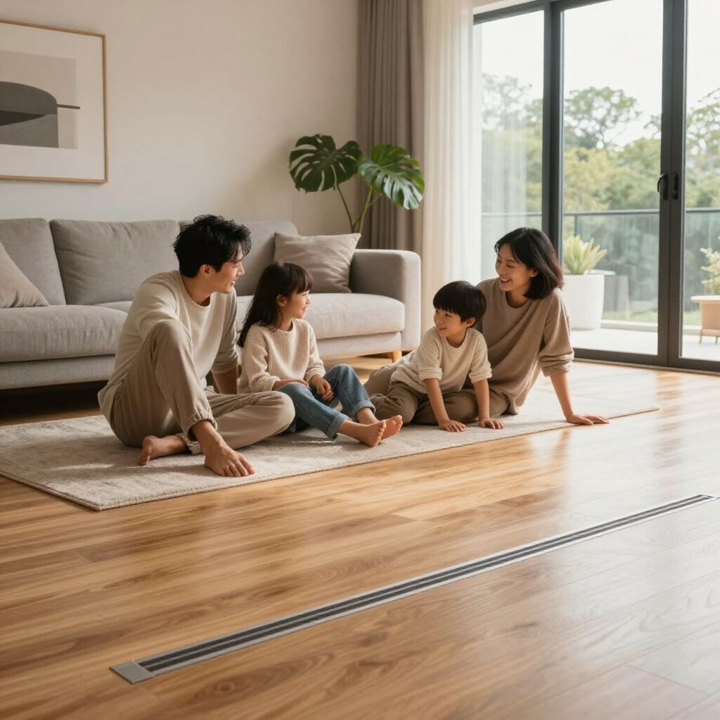 Een gezin zit op de grond in een lichte woonkamer bij een groot raam.