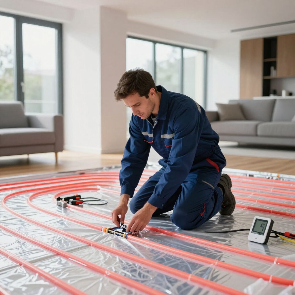 Een medewerker installeert oranje vloerverwarmingsbuizen in een lichte woonkamer.